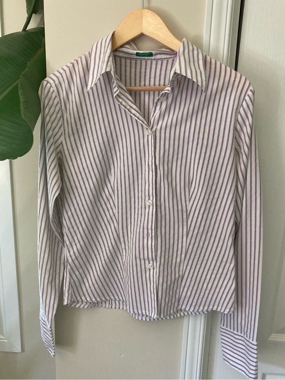 United Colors of Benneton Striped Button-Up Shirt in Lavender and White